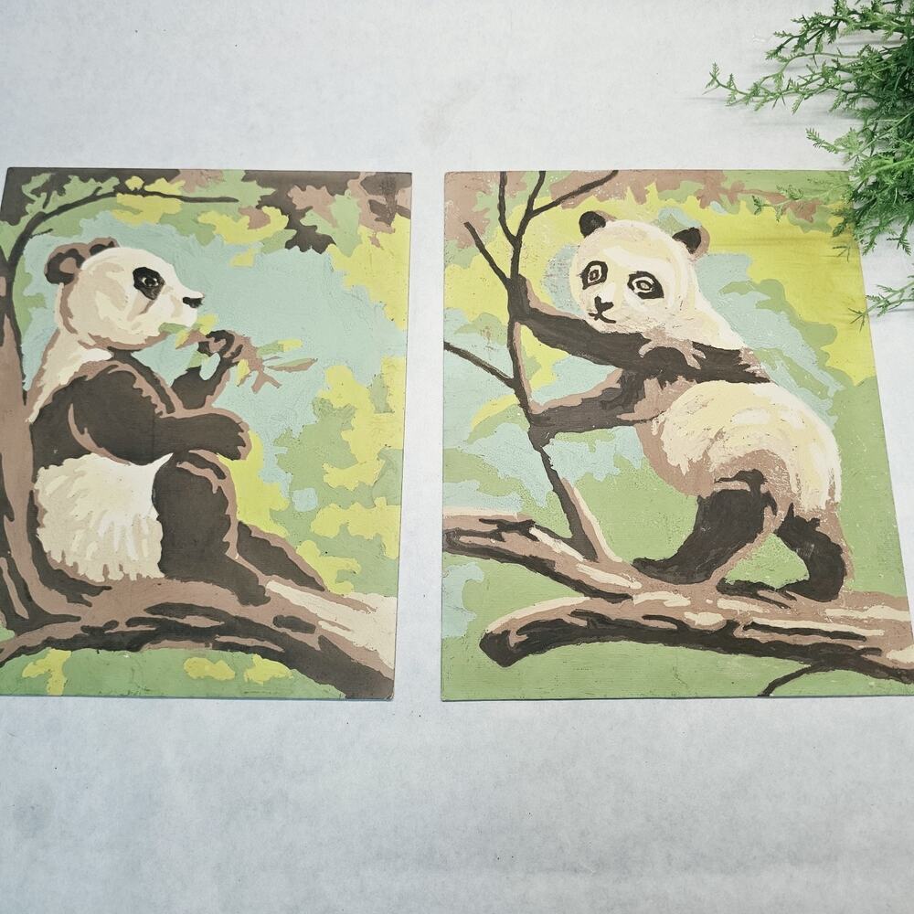 Vintage Panda Bears Paint By Number Wall Art Matching Pair 10x8 70s 60s Art